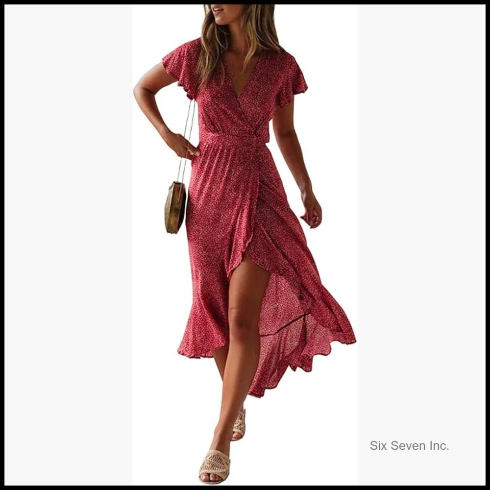 Wrap V Neck Short Sleeve Split Maxi Dress Bohemian Floral Printed